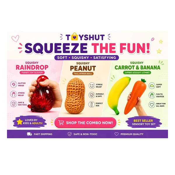 Squishy 4-Pack Combo Bundle – Raindrop, Peanut & Carrot Banana Jumbo Sensory Toys