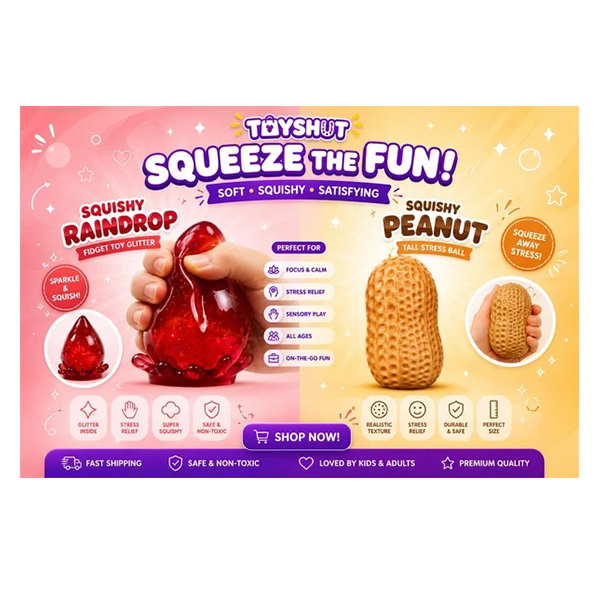 Squishy Raindrop & Peanut Bundle – Glitter Fidget Toy + Tall Stress Peanut