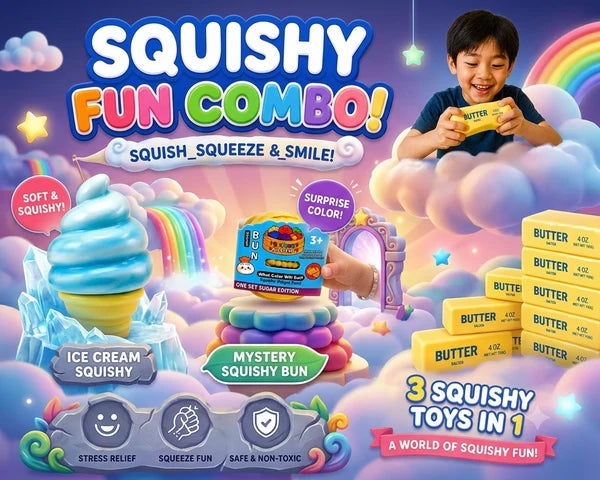 Squishy Bundle – Mini Glitter Dumpling, Butter Squishy & Ice Cream Cone – 6-Piece Set
