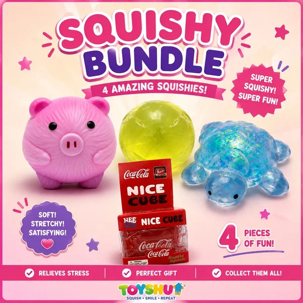 Pink Pig Squishy, Apple Squishy, Coca-Cola Inspired Nice Cube & Glitter Turtle Squishy – Squishy Bundle