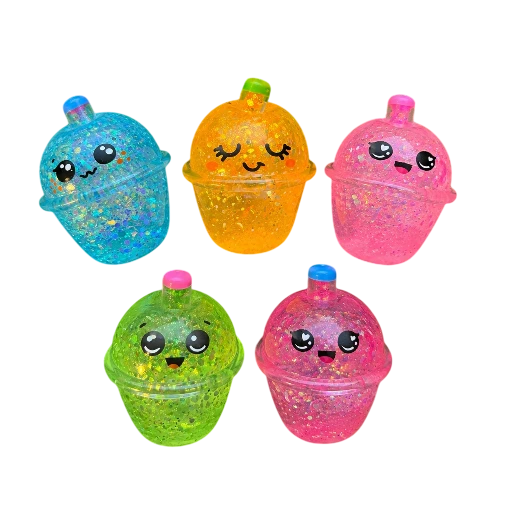 Kawaii Face Bubble Cup Glitter Squishy – Glitter Boba Cup Squishy – New Arrival