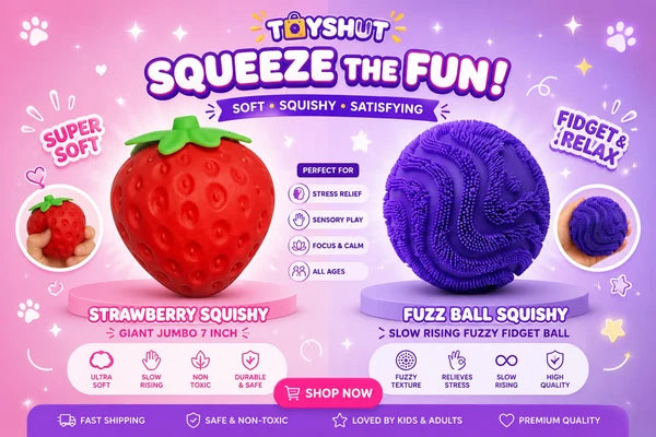 Giant Strawberry & Fuzz Ball Squishy Bundle – Slow Rising Fidget Toys