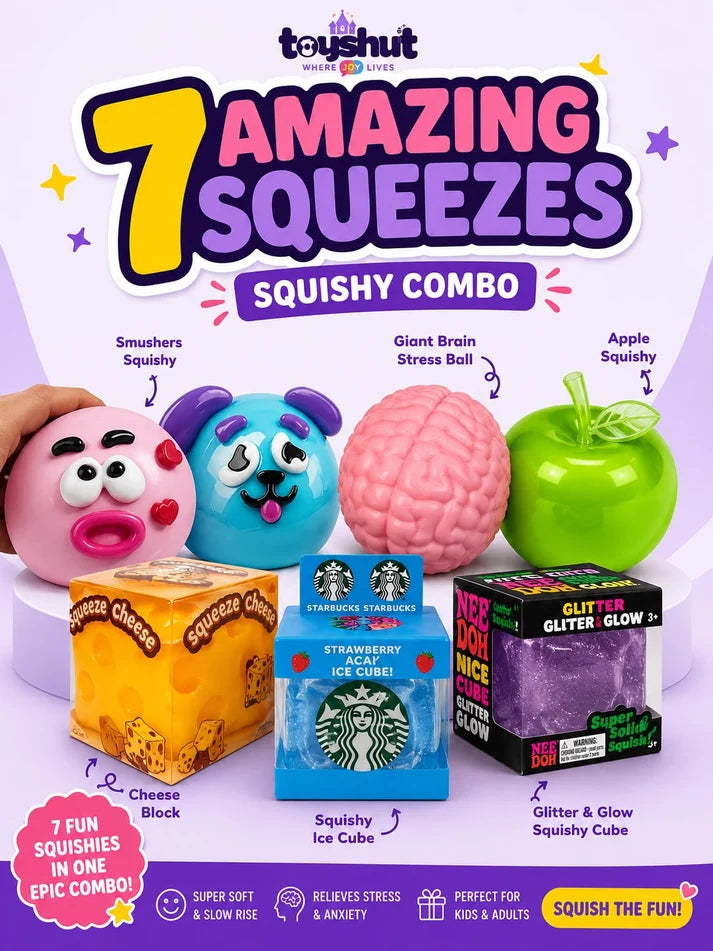 7 Amazing Squeezes Squishy Combo – Ultimate Sensory Toy Bundle 7 Fun Squishies. One Epic Combo!