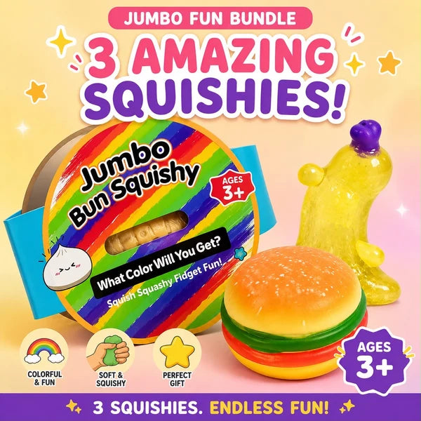 Mega 12” Bun Squishy, Burger Squishy & Glitter Banana Squishy – 3 Amazing Squishies Fun Bundle
