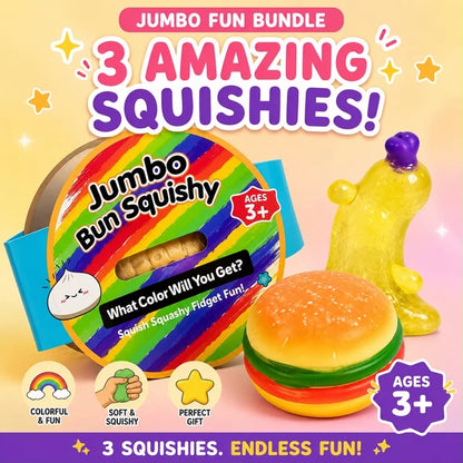 Mega 12” Bun Squishy, Burger Squishy & Glitter Banana Squishy – 3 Amazing Squishies Fun Bundle