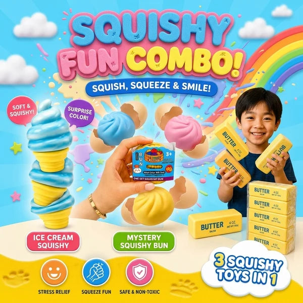 Squishy Bundle – Mini Glitter Dumpling, Butter Squishy & Ice Cream Cone – 9-Piece Set