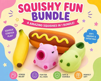 Squishy Fun Bundle – 4 Amazing Squishies | Banana, Hot Dog & 2x Capybara