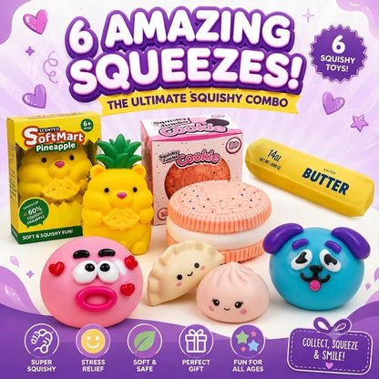 Pineapple Squishy, Cookie Squishy, Butter Squishy, Dumpling Squishy & Smushers – 6 Amazing Squeezes – The Ultimate Squishy Combo